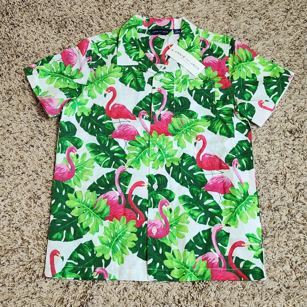 Janie and Jack Flamingo Tropical Linen Button-Front Shirt and Swim Trunks Boys